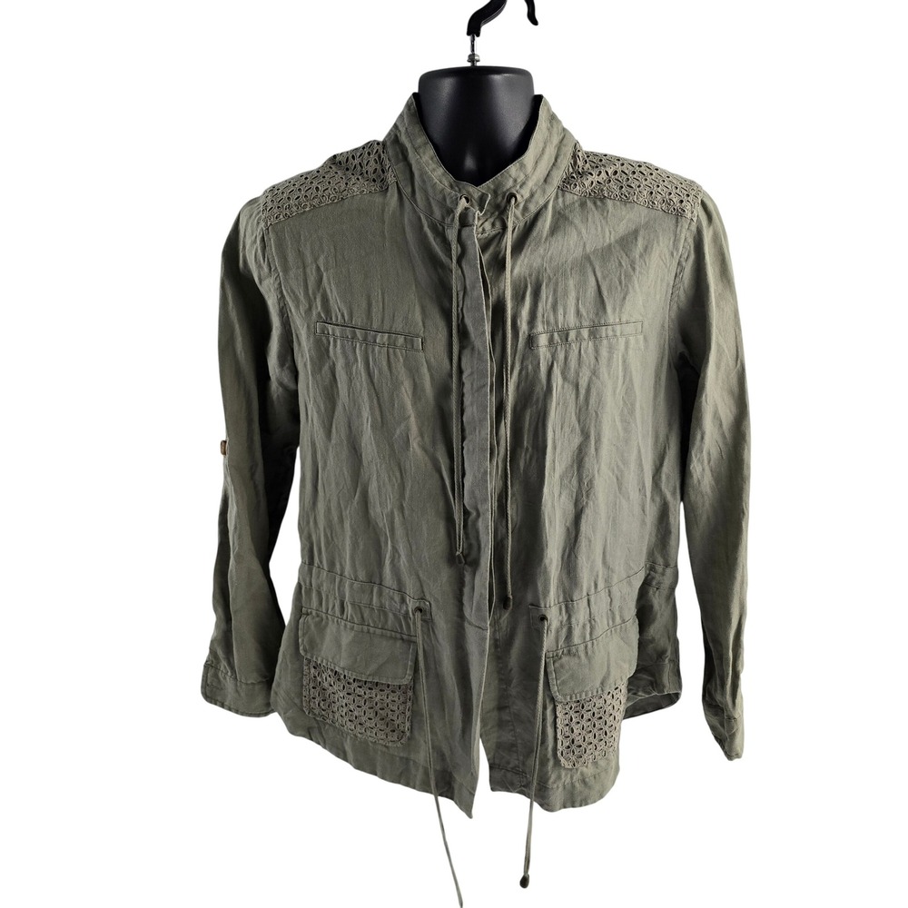 Saint Tropez West Linen Utility Jacket Crochet Olive‎ Green Boho Festival
